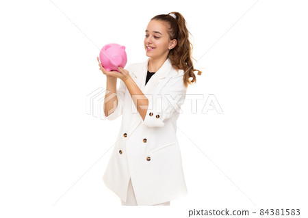 Photo of beautiful cute adorable positive smiling brunette teenage girl with ponytail in stylish 84381583