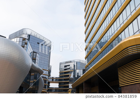 luxury office center, facade decoration with blue glass and gold luxury office center, facade decoration with blue glass and gold 84381859