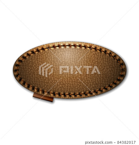 Brown oval stitched black leather label isolated on white background vector template. 84382017