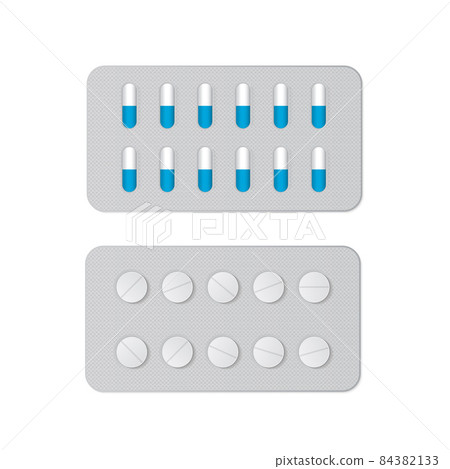 Medicine pills in blister pack isolated on white. Realistic 3d mockup for pharmaceutical drugs, capsules and tablets. Medical and health care vector illustration. Easy to edit template. Medicine pills in blister pack isolated on white. Realistic 3d mockup for pharmaceutical drugs, capsules and tablets. Medical and health care vector illustration. Easy to edit template. 84382133