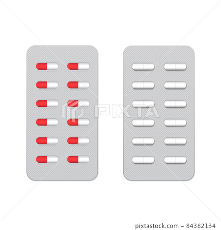 Medicine pills in blister pack isolated on white. Realistic 3d mockup for pharmaceutical drugs, capsules and tablets. Medical and health care icons. Easy to edit vector template. Medicine pills in blister pack isolated on white. Realistic 3d mockup for pharmaceutical drugs, capsules and tablets. Medical and health care icons. Easy to edit vector template. 84382134