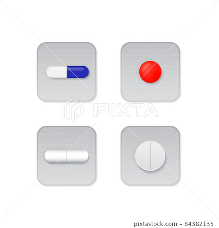 Medicine pills in blister pack isolated on white. Set of 4 different capsules. Realistic 3d mockup for pharmaceutical drugs and tablets. Medical and health care icons. Easy to edit vector template. Medicine pills in blister pack isolated on white. Set of 4 different capsules. Realistic 3d mockup for pharmaceutical drugs and tablets. Medical and health care icons. Easy to edit vector template. 84382135