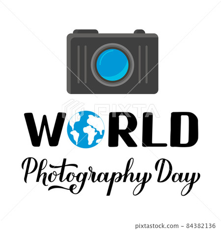 World Photography Day calligraphy hand lettering and photo camera isolated on white. Vector template for logo design, banner, typography poster, greeting card, flyer, sticker, etc World Photography Day calligraphy hand lettering and photo camera isolated on white. Vector template for logo design, banner, typography poster, greeting card, flyer, sticker, etc 84382136
