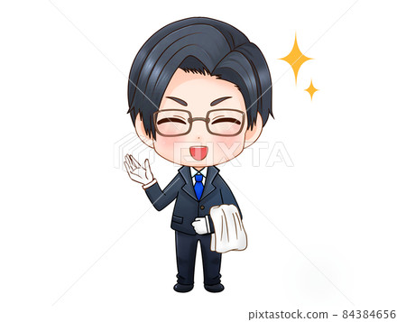 Illustration of a glasses butler serving with a smile Illustration of a glasses butler serving with a smile 84384656