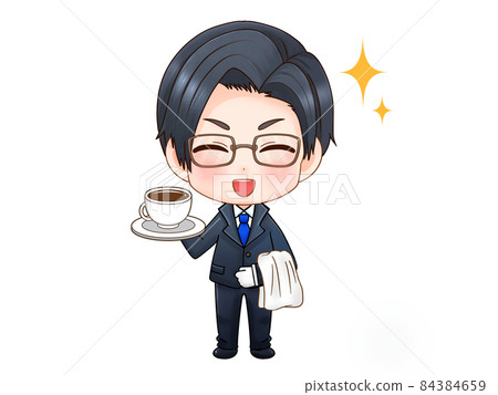 Illustration of a glasses butler carrying coffee with a smile 84384659