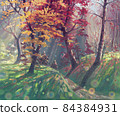 Autumn forest with sunlight painting landscape, oil on canvas art, beautiful nature park artwork illustration, colorful garden with leaves, beautiful trees and hills. 84384931