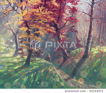 Autumn forest with sunlight painting landscape, oil on canvas art, beautiful nature park artwork illustration, colorful garden with leaves, beautiful trees and hills. 84384931