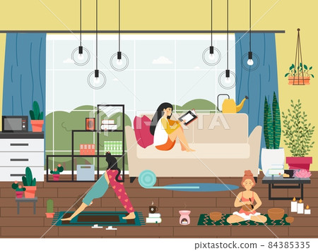 Girls relaxing at home reading book, practicing yoga, meditating. Fitness, candle meditation, vector illustration. 84385335