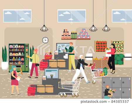 People buying food at supermarket self service cashier and from vending machine. Self service technologies, vector. 84385337