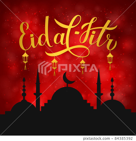 Eid al-Fitr calligraphy lettering and silhouette of mosque on red background. Muslim holiday banner. Islamic traditional festival of breaking the fast. Vector template for poster, greeting card. Eid al-Fitr calligraphy lettering and silhouette of mosque on red background. Muslim holiday banner. Islamic traditional festival of breaking the fast. Vector template for poster, greeting card. 84385392