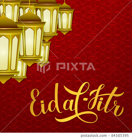 Eid al-Fitr calligraphy lettering and lanterns on red Arabic pattern background. Islamic traditional festival of breaking the fast. Vector template for poster, banner, greeting card, flyer. Eid al-Fitr calligraphy lettering and lanterns on red Arabic pattern background. Islamic traditional festival of breaking the fast. Vector template for poster, banner, greeting card, flyer. 84385395