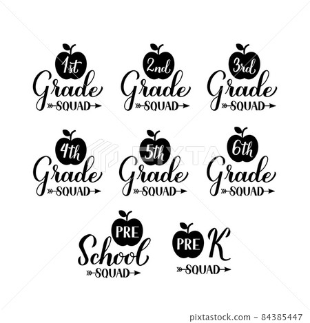 School Grade Squad Set. First day of school bundle. 1st, 2nd, 3rd, 4st, 5st, 6st, Pre-school, Pre-K. Vector template for typography poster, banner, t-shirt 84385447