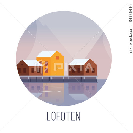 Vector illustration of a popular Norwegian travel destination Lofoten islands. Winter landscape with colorful fisherman houses surrounded by mountains Vector illustration of a popular Norwegian travel destination Lofoten islands. Winter landscape with colorful fisherman houses surrounded by mountains 84386416