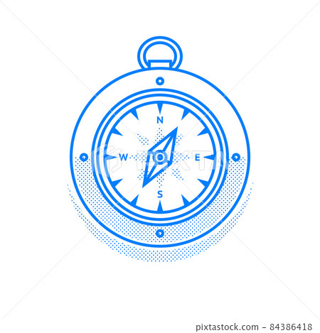 Vector linear illustration of a vintage compass with windrose. Navigational equipment symbol isolated on white background. Travel concept. Editable stroke Vector linear illustration of a vintage compass with windrose. Navigational equipment symbol isolated on white background. Travel concept. Editable stroke 84386418