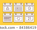 Calendar icons set. Vector linear symbols on yellow background. Reminder pictograms for appointment, deadline, birthday and Valentine's Day. Editable stroke 84386419