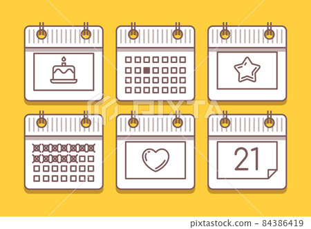 Calendar icons set. Vector linear symbols on yellow background. Reminder pictograms for appointment, deadline, birthday and Valentine's Day. Editable stroke Calendar icons set. Vector linear symbols on yellow background. Reminder pictograms for appointment, deadline, birthday and Valentine's Day. Editable stroke 84386419