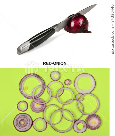 Creative layout made of red onion. High resolution photo. Creative layout made of red onion. High resolution photo. 84386440