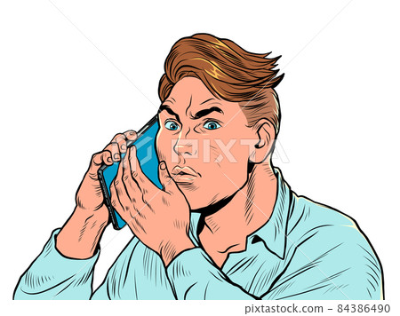an alarmed man is talking on the phone 84386490
