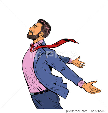 a joyful man stands in the wind, opened his hands to the elements. Strong leader businessman a joyful man stands in the wind, opened his hands to the elements. Strong leader businessman 84386502