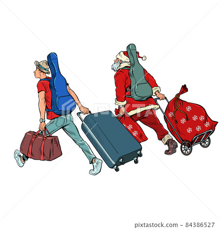 Santa Claus and the musician guitarist go on tour. Christmas and New Year, winter seasonal holiday in December Santa Claus and the musician guitarist go on tour. Christmas and New Year, winter seasonal holiday in December 84386527