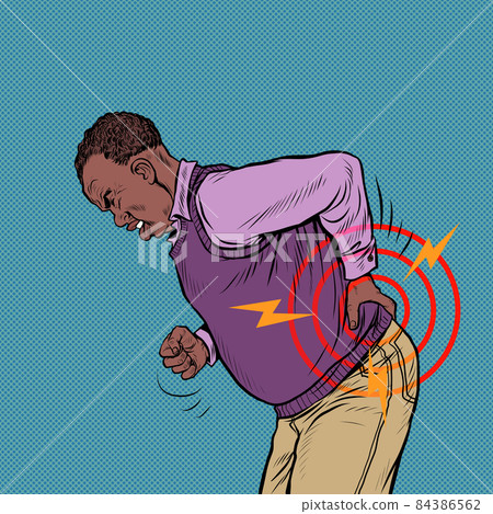 african elderly man back pain, osteochondrosis hernia sprain sciatica and other diseases of the spine and internal organs 84386562