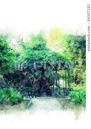 Watercolor drawing, Gazebo covered with plants and flowers in the National Botanical Garden in Athens, Greece Watercolor drawing, Gazebo covered with plants and flowers in the National Botanical Garden in Athens, Greece 84387183