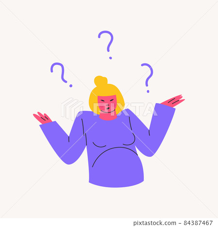 A pregnant woman throws up her hands, flying question marks above her. Problems and questions related to the expectation of a child. Vector cartoon illustration of purple, yellow, pink colors. A pregnant woman throws up her hands, flying question marks above her. Problems and questions related to the expectation of a child. Vector cartoon illustration of purple, yellow, pink colors. 84387467