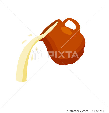 Clay pot. Earthenware jug pours milk. Clay pot. Earthenware jug pours milk. 84387516