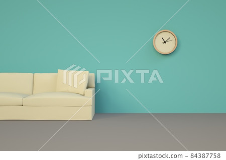 3D rendering clean room with modern sofa and clock on the wall 3D rendering clean room with modern sofa and clock on the wall 84387758