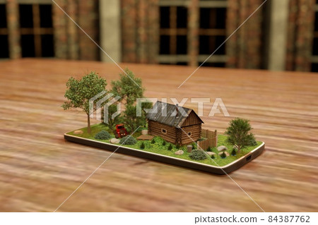 3d rendering Projection on the phone of an old house and trees with grass. concept of village, old, summer 3d rendering Projection on the phone of an old house and trees with grass. concept of village, old, summer 84387762