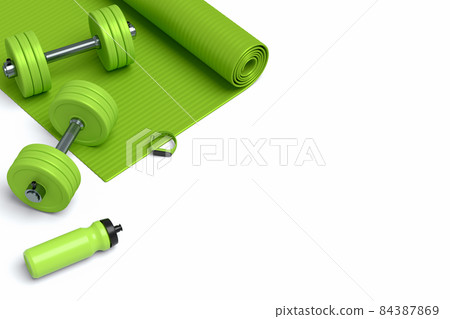 Isometric view of sport equipment like yoga mat, dumbbell, water bottle and smart watches on white background. 3d render of power lifting and fitness concept 84387869