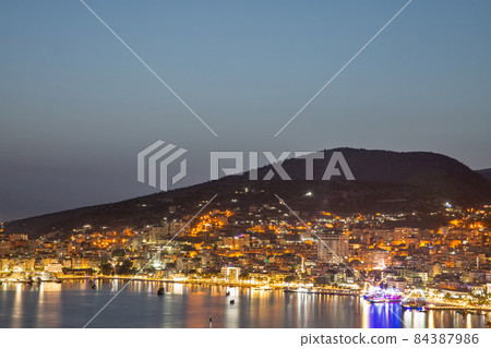 Sunset view of the bay of Saranda, Albania. Sunset view of the bay of Saranda, Albania. 84387986