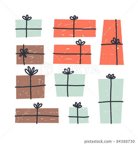 Gift boxes set , with ribbons. Present. Decorative paper stylish wrapper for gift wrapping. 84388730