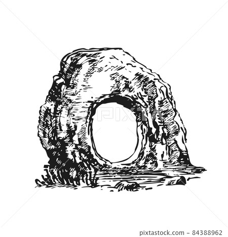 Menhirs, stones with round hole of unknown origin, vector illustration. Graphic drawing sketch. Megaliths Stone Age. Menhirs, stones with round hole of unknown origin, vector illustration. Graphic drawing sketch. Megaliths Stone Age. 84388962