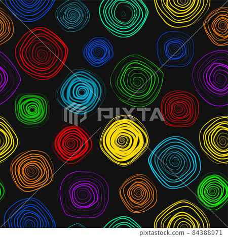 Geometric seamless pattern with rainbow spiral circles one line. Retro 80s background. Vector 84388971