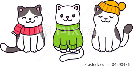 Cute cats in sweater, scarf and hat Cute cats in sweater, scarf and hat 84390486