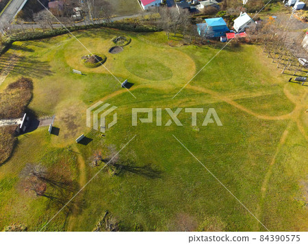 Aerial view of the world heritage Irie shell mound in Toyako, Hokkaido in late autumn Aerial view of the world heritage Irie shell mound in Toyako, Hokkaido in late autumn 84390575