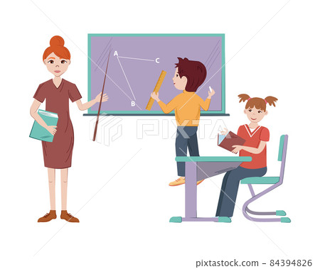 School kids with teacher in working class, engaged, carry curriculum. 84394826