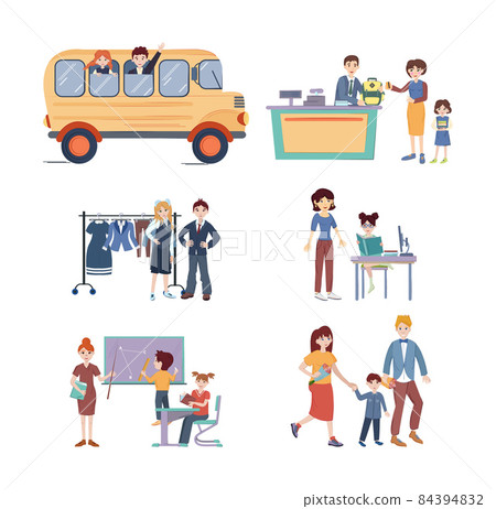 Back to School set. School kids with teacher in classroom, school kids are preparing homework, parents are leading children to school, buy school bag in store, school kids riding school bus Back to School set. School kids with teacher in classroom, school kids are preparing homework, parents are leading children to school, buy school bag in store, school kids riding school bus 84394832