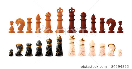 Wooden and marble chess game pieces and figures on chess board. Board game, tactical logic sports game, chess tournament, hobby vector on white background Wooden and marble chess game pieces and figures on chess board. Board game, tactical logic sports game, chess tournament, hobby vector on white background 84394833