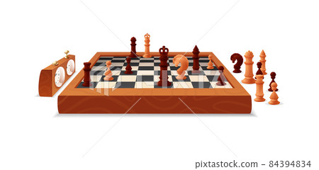 Wooden chess game pieces and figures on chess board. Chessboard with figures and clock. Board game, tactical logic sports game, chess tournament, hobby vector Wooden chess game pieces and figures on chess board. Chessboard with figures and clock. Board game, tactical logic sports game, chess tournament, hobby vector 84394834