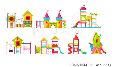 Children playground set. Children's amusement outdoor park, with attractions, carousels, children slide, teeter board, playhouses with slides and swings, labyrinths Children playground set. Children's amusement outdoor park, with attractions, carousels, children slide, teeter board, playhouses with slides and swings, labyrinths 84394835