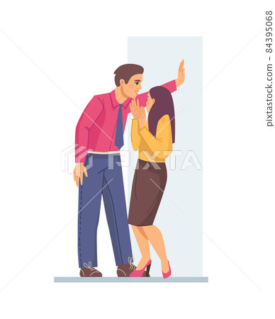 Situations of sexual harassment - employee in office man harasses woman blocks path holding her at edge of wall. Violence and coercion at work, abusive behavior, sexism discrimantion Situations of sexual harassment - employee in office man harasses woman blocks path holding her at edge of wall. Violence and coercion at work, abusive behavior, sexism discrimantion 84395068