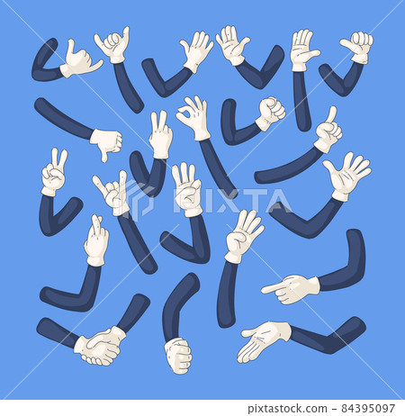 Comic gloved arms set. Comic retro hands in gloves hand character shows gestures relax, call me, stop, class, peace, ok, fist, attention, handshake, showing numbers symbol doodle line art Comic gloved arms set. Comic retro hands in gloves hand character shows gestures relax, call me, stop, class, peace, ok, fist, attention, handshake, showing numbers symbol doodle line art 84395097