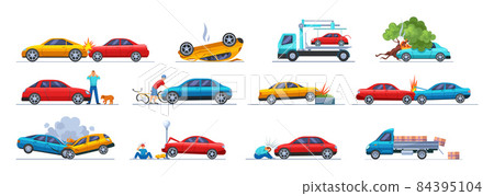 Road traffic accident. Car damaged vehicle transportation. Cyclist fell off bicycle colliding with car. Cargo spilled out of car. Collision hitting an people. 84395104