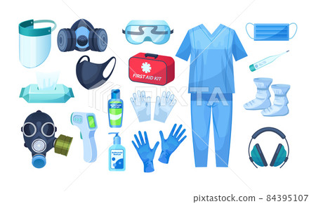 Medical personal protective equipment set. Safety medical respiratory mask, industrial safety mask, equipment from viral infection coronavirus, uniform, sanitizer, thermometer, first aid kit Medical personal protective equipment set. Safety medical respiratory mask, industrial safety mask, equipment from viral infection coronavirus, uniform, sanitizer, thermometer, first aid kit 84395107