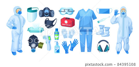 Medical personal protective equipment set. Safety medical respiratory mask, industrial safety mask, equipment from viral infection coronavirus, uniform, sanitizer, thermometer, first aid kit Medical personal protective equipment set. Safety medical respiratory mask, industrial safety mask, equipment from viral infection coronavirus, uniform, sanitizer, thermometer, first aid kit 84395108