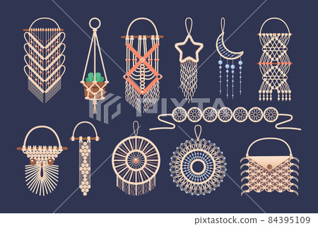 Macrame wall hanging design, braided decorative ornaments. Boho, ethnic handmade knitted pattern. Knitted jewelry and home accessories isolated on white background 84395109