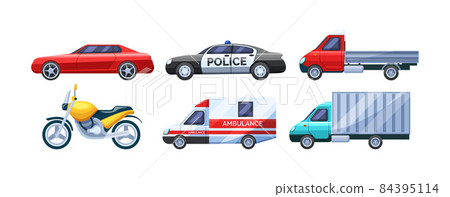 Urban transport set. Public transportable vehicle cars transport: ambulance, gazelle, motorcycle, lorry, police car 84395114