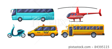 Urban transport set. Public transportable vehicle cars transport: bus, scooter, taxi, school bus, helicopter vector 84395115